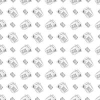 Honey with honeycombs in a glass jar. Doodle style. Seamless pattern. vector