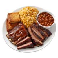 Grilled beef ribs with corn and beans, top view png