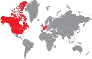 Map of G7 countries highlighted in red color on grey world map. vector
