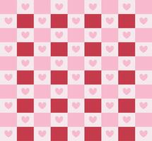 A cheerful red, pink and white checkered pattern with hearts creating a playful and romantic design. vector