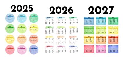 Set of three vertical calendars for 2025, 2026 and 2027 isolated on a background. Sunday to Monday, business template. illustration vector