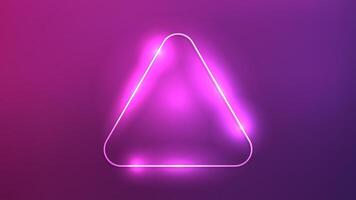 Neon rounded triangle frame with shining effects on dark purple background. Empty glowing techno backdrop. illustration vector