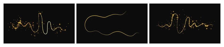 Gold glittering confetti wave and stardust. Set of three backdrops with magical sparkles on dark background. illustration vector