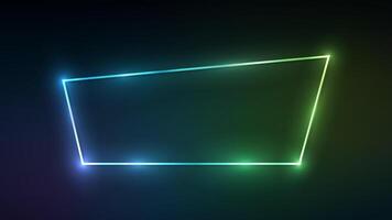 Neon trapezoid frame with shining effects on dark green background. Empty glowing techno backdrop. illustration vector