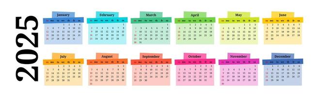 Horizontal calendar for 2025 isolated on a white. Sunday to Monday, business template. illustration vector