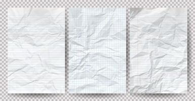 Set of white clean crumpled papers on a background. Crumpled empty notebook sheets of paper with shadow for posters and banners. illustration vector