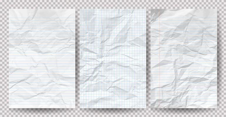 Set of white clean crumpled papers on a background. Crumpled empty notebook sheets of paper with shadow for posters and banners. illustration