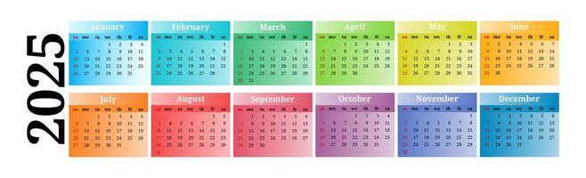 Horizontal calendar for 2025 isolated on a white background. Sunday to Monday, template. illustration vector