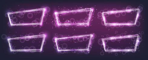 Set of neon frames with shining effects and sparkles on dark background. Empty glowing techno backdrop. illustration vector