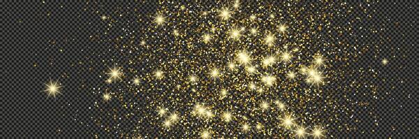 Gold glittering dust with stars on a gray transparent background. Dust with gold glitter effect and empty space for your text. illustration vector