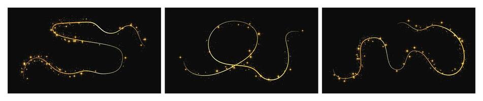 Gold glittering confetti wave and stardust. Set of three backdrops with golden magical on dark background. illustration vector