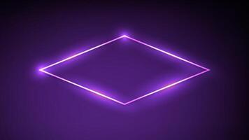 Neon rhomb frame with shining effects on dark purple background. Empty glowing backdrop. illustration vector