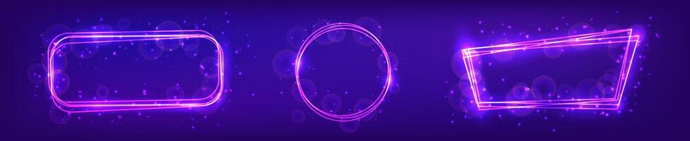 Set of three neon frames with shining effects and sparkles on dark background. Empty techno backdrop. illustration vector