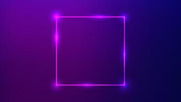 Neon square frame with shining effects on dark purple background. Empty glowing techno backdrop. illustration vector