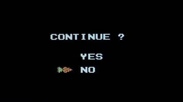 Retro game screen with continue option. 8bit console interface. menu video