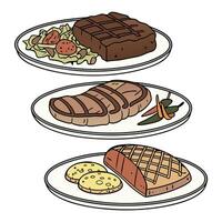 Three plates with meat and vegetables and sweets vector