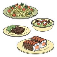 A set of four plates with pasta, sweets and vegetables vector