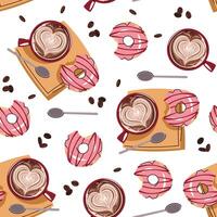 Seamless pattern with a cup of coffee and a donut. Repeating texture with a coffee drink and dessert. Coffee time. Suitable for textiles vector