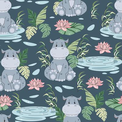 Seamless pattern with African animals. Cute children s texture with hippopotamus in a pond with lily. illustration for children s wallpapers, background