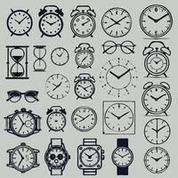 Set of clock icons. Black and white design. Clock icon set isolated on white background. Set of black and white hand-drawn wristwatches. Time icons set. Clock, alarm clock, hourglass, timer. vector