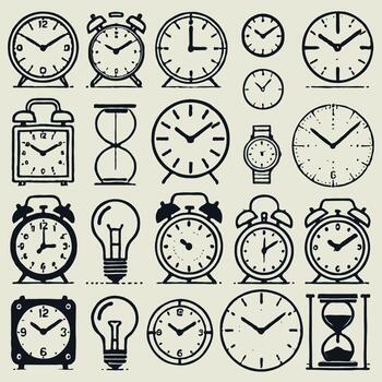 Set of different clocks. Set of doodle arrows. Set of watch icons. Wristwatch icons set. Set of clock icons. Black and white design. Clock icon set isolated on white background. vector