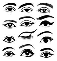 Different types of eyelashes. Set of women's eyes. Set of different female eyes. Minimalist black and white silhouettes of various eyes with clear lines on a white background. vector