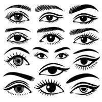 Hand drawn illustration. Different types of eyelashes. Set of different female eyes. Minimalist black and white silhouettes of various eyes with clear lines on a white background. vector