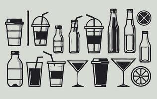 Wine bottles and glasses. Illustration of a menu. Set of silhouettes of utensils. Set of hand drawn drinks icons. Isolated on white background. Drink icons set. Outline drink icons for web design. vector