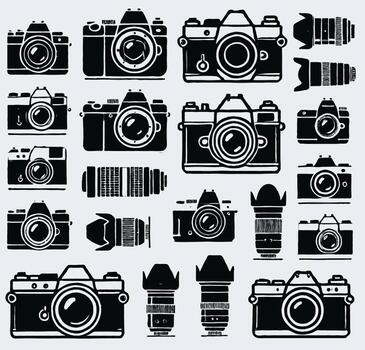 Minimalist clear silhouettes of various camera items on a white background with sharp lines. Camera icons set. Simple illustration. vector