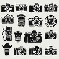 Black on white illustration. Simple set of camera icons for web design on white background. Minimalist clear silhouettes of various camera items on a white background with sharp lines. vector