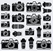 Photography equipment icons for web. Simple set of camera icons for web design on white background. Minimalist clear silhouettes of various camera items on a white background with sharp lines retro. vector