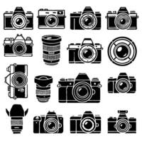 Set of vintage cameras. Photography equipment icons for web. Minimalist clear silhouettes of various camera items on a white background with sharp lines. vector