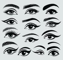 Set of eyes. Different types of eyelashes. Set of female eyes. Hand drawn illustration isolated on white background. Eye icon set. Eyelash extensions, mascara, eyelashes, eyelash extensions. vector