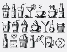 Coffee background with hand drawn doodle elements. Set of drinks and food icons. Black and white. Set of hand drawn drinks icons. Isolated on white background. vector