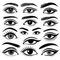 Minimalist black and white silhouettes of various eyes with clear lines on a white background. Set of female eyes. Different types of eyes. Set of different female eyes with eyelashes. vector
