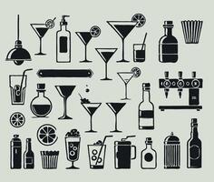 Minimalist clear silhouettes of various items on a bar theme, sharp lines, white background. Cocktailini, beer, wine, whiskey, gin, rum, tequila. Beer Simple set of beer icons for web design. vector