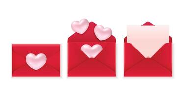 Set of red envelopes with 3D hearts vector