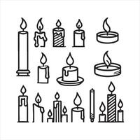 Set of Extinguished candle and wax candlelight with flame silhouette on white background vector
