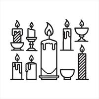 Set of Extinguished candle and wax candlelight with flame silhouette white background vector