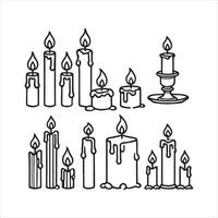 Set of Extinguished candle and wax candlelight with flame black silhouette on white background vector