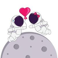 illustration of a couple of astronauts in love with a heart-shaped balloon on the background of the moon on a white background. vector