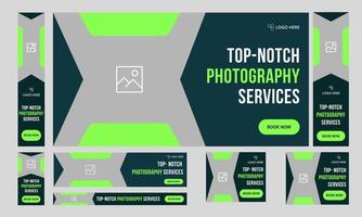 Customizable top photography services web set banner design for social media post, daily wedding photo shoot services web bundle banner design, fully editable eps 10 file format vector