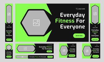 Everyday body fitness services web set banner design for social media post, daily workout plan web bundle banner design, fully editable eps 10 file format vector