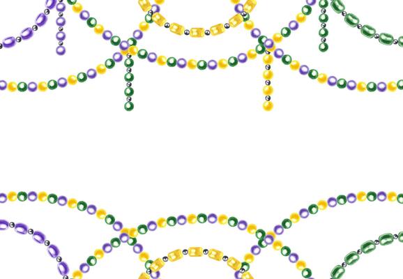 Green, purple, yellow bead strings in colors of Mardi Gras festival watercolor horizontal frame. Glass necklace garland border with copy space for text. Illustration for decor