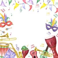 Watercolor Mardi gras carnival accessories, music instruments, musical notes square frame with empty space for text. Festival mask with feathers, ribbons, hats. Holiday illustration for invitation vector