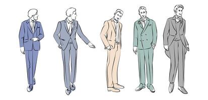 Stylish men in various suits, ideal for fashion and formal event designs vector