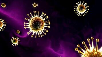 Stunning 3D animation of golden virus particles floating on a purple background. Ideal for medical or science visuals. video