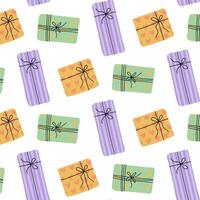 Colorful gift wrapping paper design featuring various present styles on a white background vector