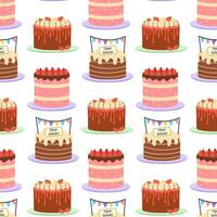 Colorful cake pattern featuring various designs on a white background for festive celebrations vector