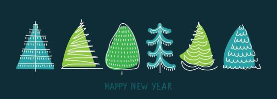 Unique hand-drawn style of festive trees celebrating the New Year in a vibrant illustration vector